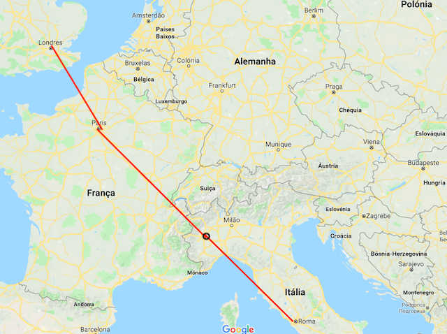 Mapa da viagem de trem de Londres a Roma