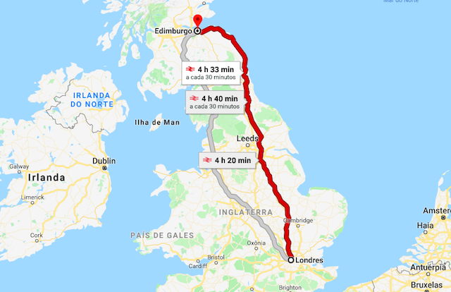Mapa da viagem de trem de Londres a Edimburgo