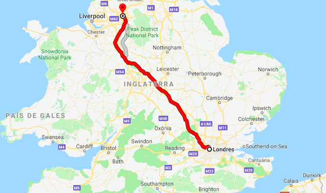 Mapa da viagem de trem de Londres a Manchester