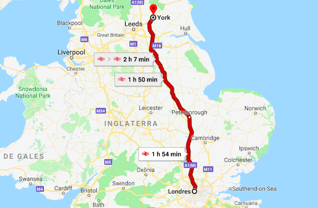 Mapa da viagem de trem de Londres a York