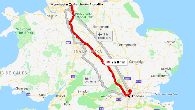 Mapa da viagem de trem de Manchester a Londres