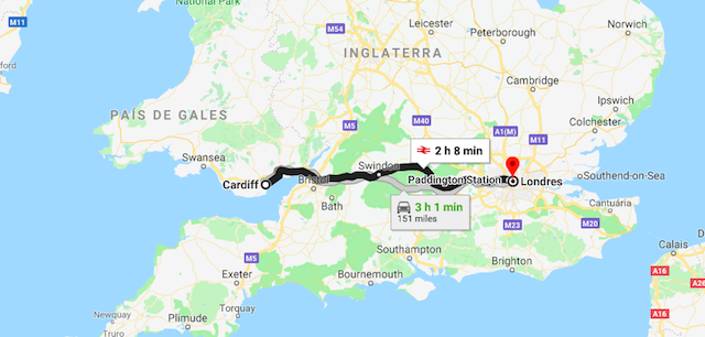 Mapa da viagem de trem de Cardiff a Londres