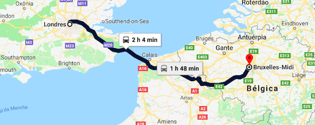 Mapa da viagem de trem de Londres a Bruxelas