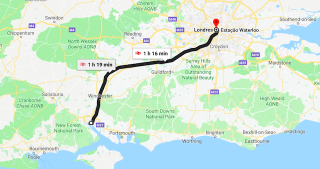 Mapa da viagem de trem de Southampton a Londres