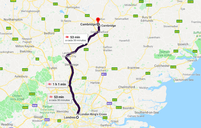 Mapa da viagem de trem de Londres a Cambridge