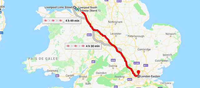 Mapa da viagem de trem de Liverpool a Londres