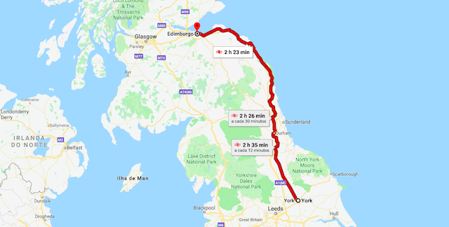 Mapa da viagem de trem de York a Edimburgo