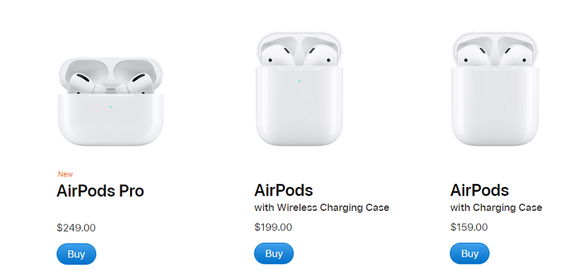 Diferentes modelos de AirPods da Apple