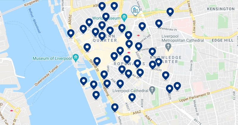 Mapa de hotéis no centro de Liverpool
