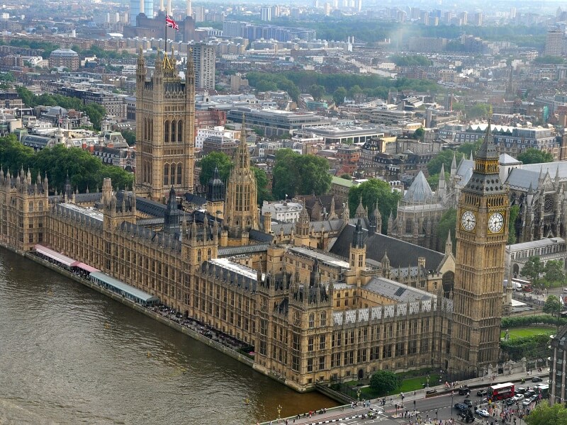 Vista aérea do Palácio de Westminster em Londres